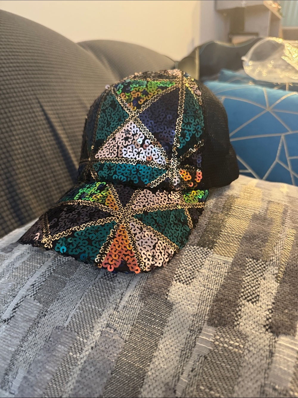 New! Sequin Patchwork Baseball Cap in Green, Teal & Gold